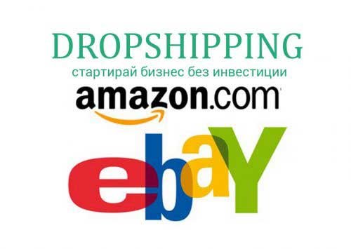 Колаж от лога на eBay и Amazon с текст Dropshipping стартирай бизнес без инвестиции