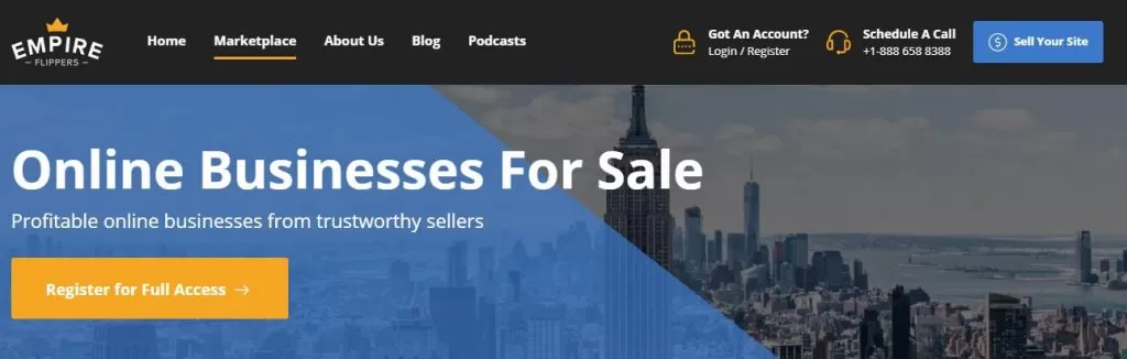 Снимка на Основна страница на бизнес пазара Empire Flippers