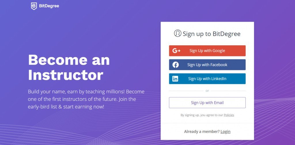 Страница за регистрация на инструктори на сайта BitDegree